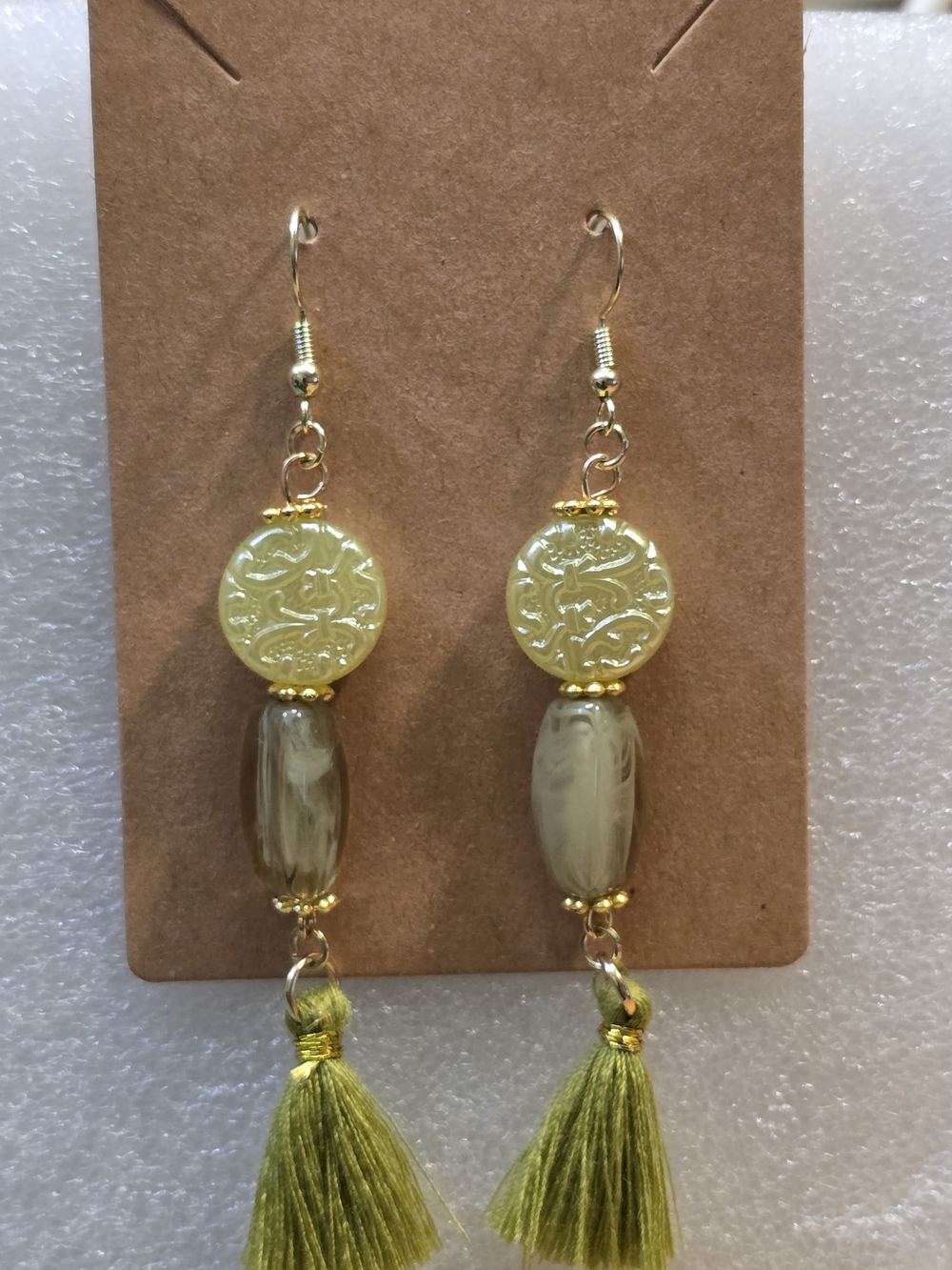 Boho Chic Long Dangle Earrings with Green Tassels & Statement Beads--Handmade